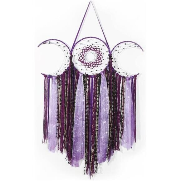 Purple Triple Moon Goddess Macrame Wall Hanging, Boho Crescent Dream Catcher - Picture 8 of 8